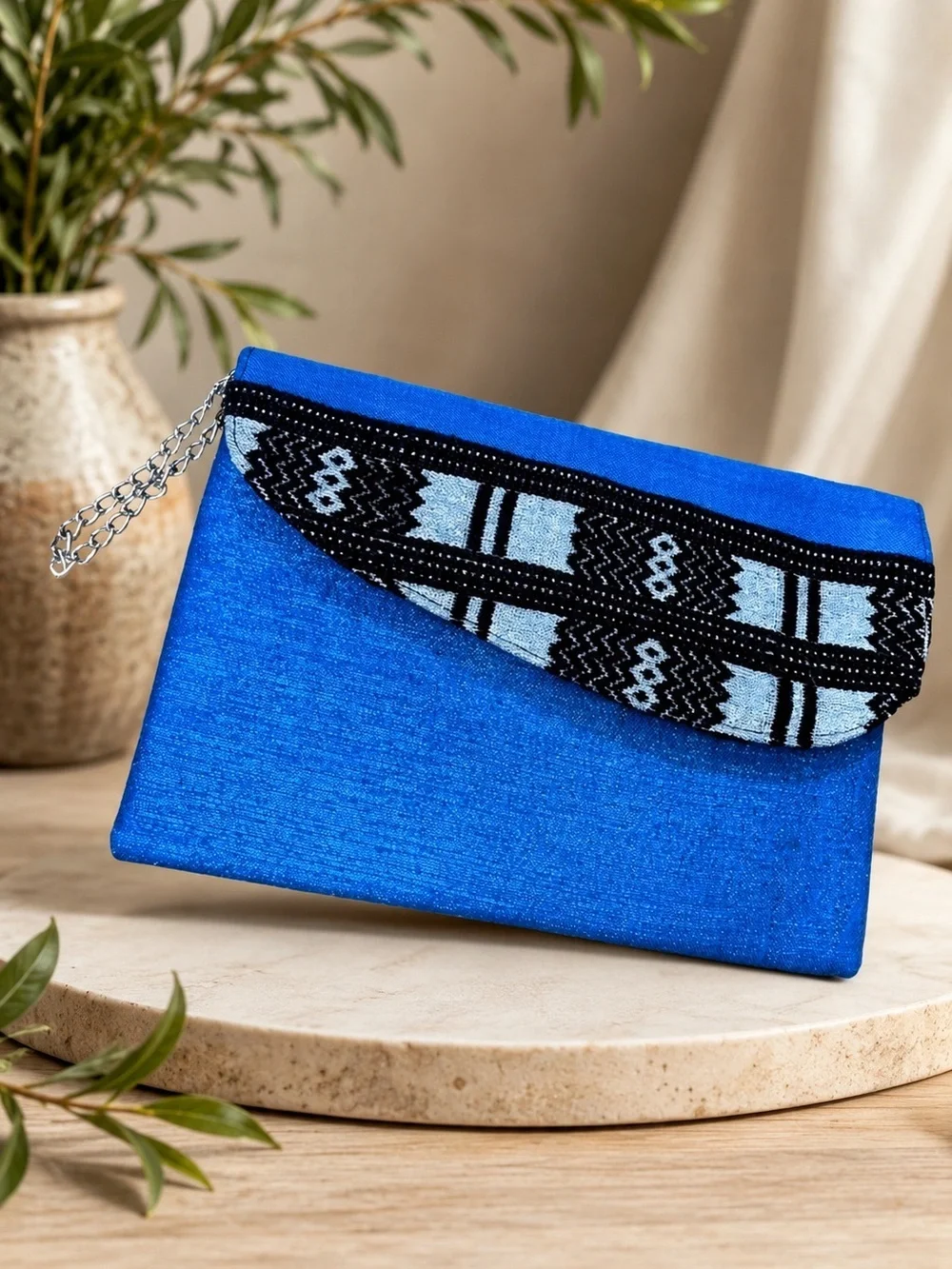 Blue Envelope Clutch Purse Black & Silver Geometric Pattern Fabric Wristlet